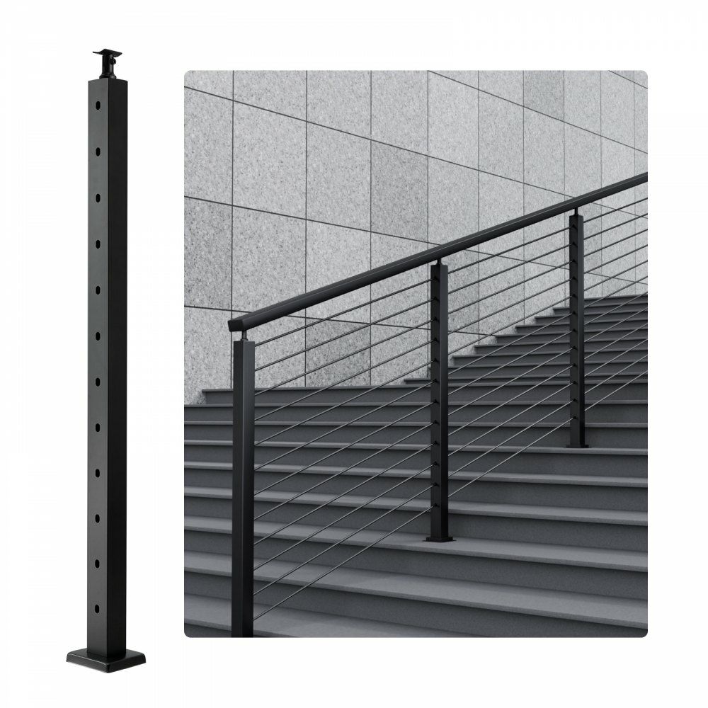 Cable Railing Post, 42″ x 2″ x 2″ Steel 30° Angled Hole Stair Railing Post, 12 Pre-Drilled Holes, SUS304 Stainless Steel Cable Rail Post with Horizontal and Curved Bracket, 1-Pack, Black Black |   Building Supplies Building & Construction Black