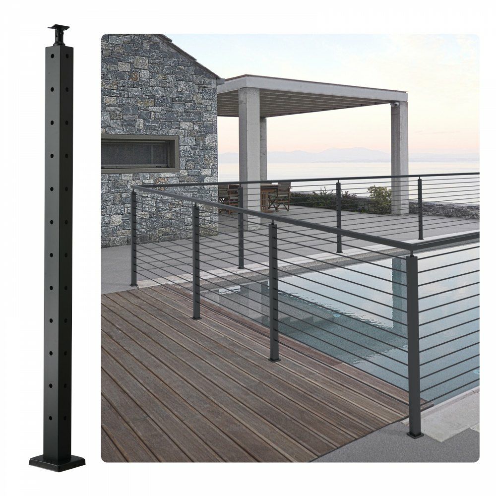 Cable Railing Post, 42″ x 2″ x 2″ Steel L-Shaped Hole Corner Railing Post, 12 Pre-Drilled Holes, SUS304 Stainless Steel Cable Rail Post with Horizontal and Curved Bracket, 1-Pack, Black Black |   Building Supplies Building & Construction Black