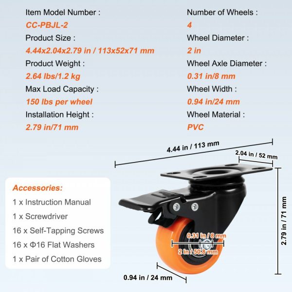 Caster Wheels, 2-inch Swivel Plate Casters, Set of 4, with Security Dual Locking No Noise PVC Wheels, Heavy Duty 150 lbs Load Capacity Per Caster, Non-Marking Wheels for Cart Furniture Workbench  |   Casters & Wheels Casters & Wheels Casters & Wheels