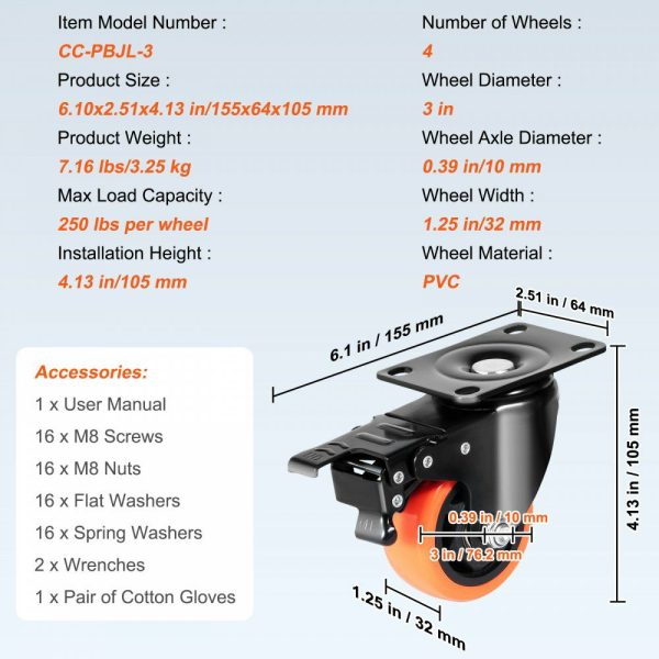 Caster Wheels, 3-inch Swivel Plate Casters, Set of 4, with Security A/B Locking No Noise PVC Wheels, Heavy Duty 250 lbs Load Capacity Per Caster, Non-Marking Wheels for Cart Furniture Workbench  |   Casters & Wheels Casters & Wheels Casters & Wheels