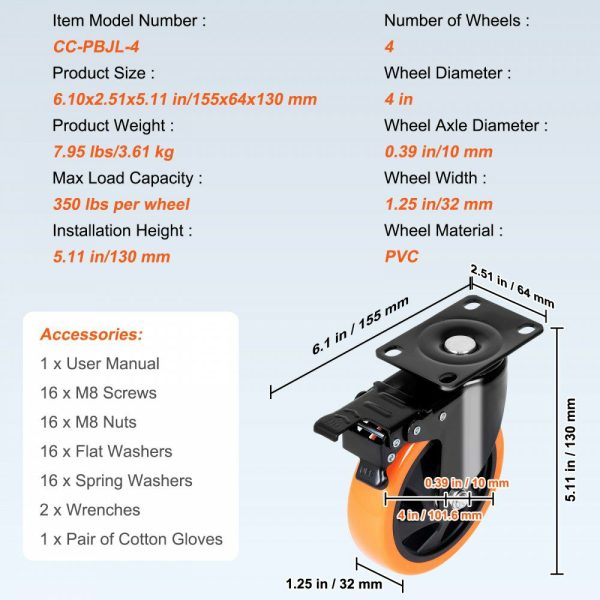 Caster Wheels, 4-inch Swivel Plate Casters, Set of 4, with Security A/B Locking No Noise PVC Wheels, Heavy Duty 350 lbs Load Capacity Per Caster, Non-Marking Wheels for Cart Furniture Workbench  |   Casters & Wheels Casters & Wheels Casters & Wheels