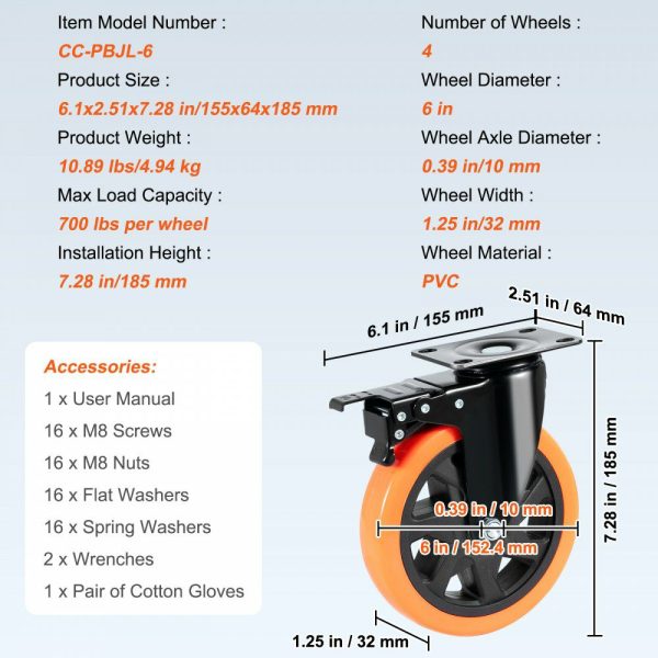 Caster Wheels, 6-inch Swivel Plate Casters, Set of 4, with Security A/B Locking No Noise PVC Wheels, Heavy Duty 700 lbs Load Capacity Per Caster, Non-Marking Wheels for Cart Furniture Workbench  |   Casters & Wheels Casters & Wheels Casters & Wheels