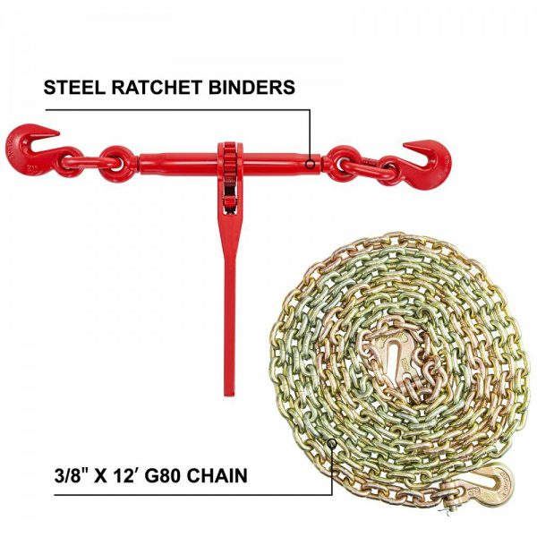 Chain and Binder Kit 3/8in-1/2in, Ratchet Load Binders 9215lbs Working Strength, Ratchet Binders and Chains, 3/8in x 12ft Chains w/ G70 Hooks, for Truck, Tie Down, Hauling, Towing  |   Hoists & Winches & Rigging Hoists & Winches & Rigging Hoists & Winches & Rigging