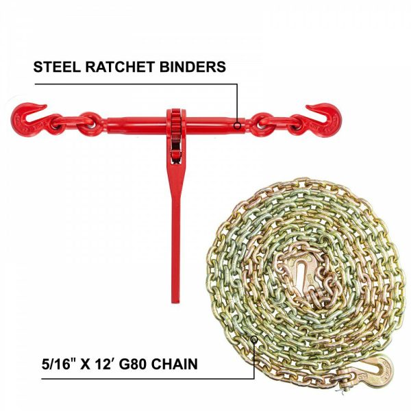 Chain and Binder Kit 5/16in-3/8in, Ratchet Load Binders 6600lbs Working Strength, Ratchet Binders and Chains, 5/16in x 12ft Chains w/ G70 Hooks, for Truck, Tie Down, Hauling, Towing  |   Hoists & Winches & Rigging Hoists & Winches & Rigging Hoists & Winches & Rigging