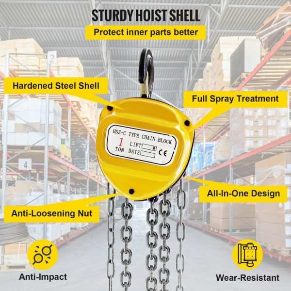 Chain Hoist 2200lbs/1ton Chain Block Hoist Manual Chain Hoist 3m/10ft Block Chain Hand Chain Lifting Hoist w/Two Hooks Chain Pulley Tackle Hoist Winch Lifting Pulling Equipment Yellow  |   Hoists & Winches & Rigging Hoists & Winches & Rigging Hoists & Winches & Rigging