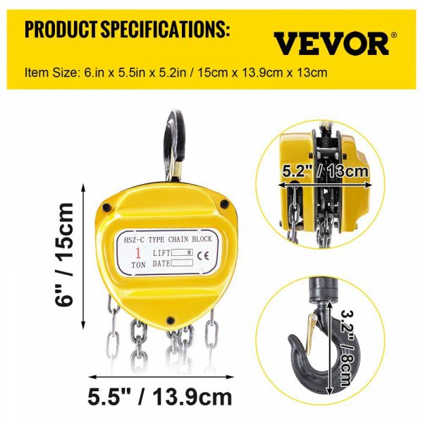 Chain Hoist 2200lbs/1ton Chain Block Hoist Manual Chain Hoist 3m/10ft Block Chain Hand Chain Lifting Hoist w/Two Hooks Chain Pulley Tackle Hoist Winch Lifting Pulling Equipment Yellow  |   Hoists & Winches & Rigging Hoists & Winches & Rigging Hoists & Winches & Rigging