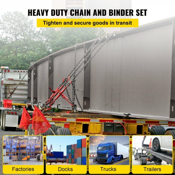 Chain Load Binder, 5/16″ Tie Down Kit w/ 6600LBS Working Load Capacity and Two Grab Hooks, Includes (4) Ratchet Binders – (4) 21′ Grade 80 Chains, Transport Load Package for Hauling, Towing  |   Hoists & Winches & Rigging Hoists & Winches & Rigging Hoists & Winches & Rigging