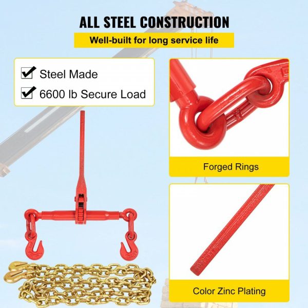 Chain Load Binder, 5/16″ Tie Down Kit w/ 6600LBS Working Load Capacity and Two Grab Hooks, Includes (4) Ratchet Binders – (4) 21′ Grade 80 Chains, Transport Load Package for Hauling, Towing  |   Hoists & Winches & Rigging Hoists & Winches & Rigging Hoists & Winches & Rigging