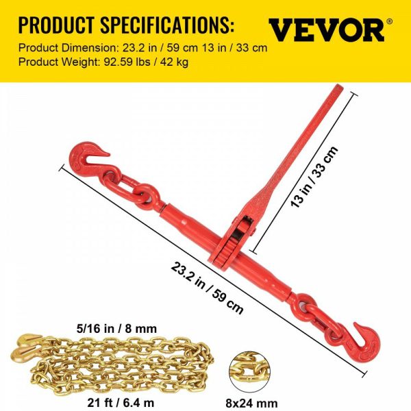 Chain Load Binder, 5/16″ Tie Down Kit w/ 6600LBS Working Load Capacity and Two Grab Hooks, Includes (4) Ratchet Binders – (4) 21′ Grade 80 Chains, Transport Load Package for Hauling, Towing  |   Hoists & Winches & Rigging Hoists & Winches & Rigging Hoists & Winches & Rigging