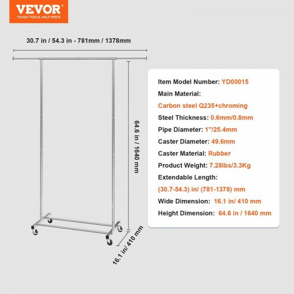 Clothes Rack with Wheels, Heavy Duty Clothing Garment Rack with Hanging Rod and Bottom Storage Area, Adjustable Length Clothing Rack, 2 Lockable Wheels  |   Shelving & Storage Material Handling Shelving & Storage