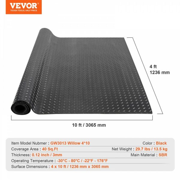 Diamond-Plate Rubber Flooring Roll, 3 mm x 4 ft x 10 ft Garage Floor Mat, SBR Rubber Garage Flooring Roll, Easy to Clean, Diamond Plate Rubber Mat for Under Cars, Garage Industry Gym, Black  |   Building Supplies Building & Construction Building Supplies