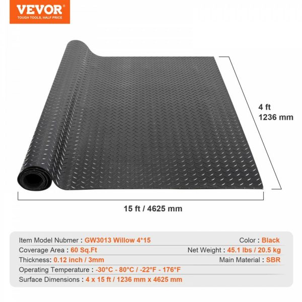 Diamond-Plate Rubber Flooring Roll, 3 mm x 4 ft x 15 ft Garage Floor Mat, SBR Rubber Garage Flooring Roll, Easy to Clean, Diamond Plate Rubber Mat for Under Cars, Garage Industry Gym, Black  |   Building Supplies Building & Construction Building Supplies