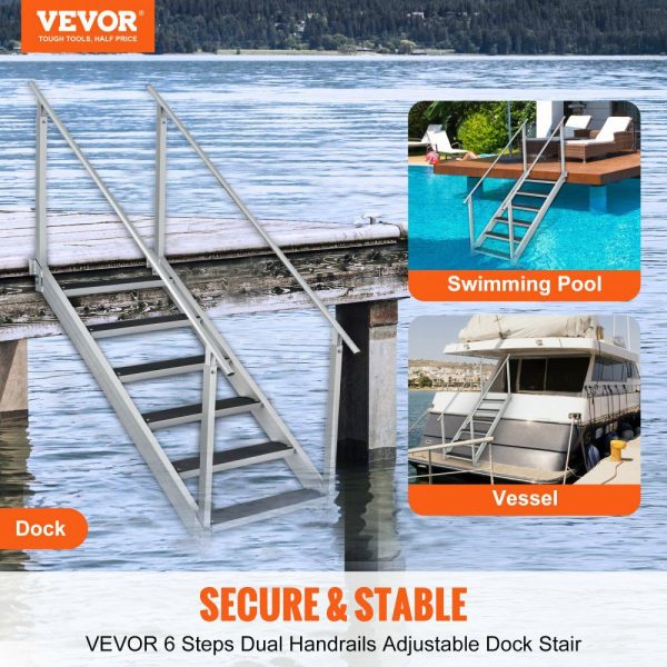 Dock Ladder, 43”-51” Adjustable Height, 500 lbs Load Capacity, Aluminum Alloy 6 Steps Pontoon Boat Ladder with Dual Handrails & Nonslip Rubber Mat, Ideal for Ship/Lake/Pool/Marine Boarding  |   Ramps & Ladders Material Handling Ramps & Ladders