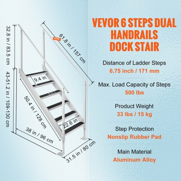 Dock Ladder, 43”-51” Adjustable Height, 500 lbs Load Capacity, Aluminum Alloy 6 Steps Pontoon Boat Ladder with Dual Handrails & Nonslip Rubber Mat, Ideal for Ship/Lake/Pool/Marine Boarding  |   Ramps & Ladders Material Handling Ramps & Ladders