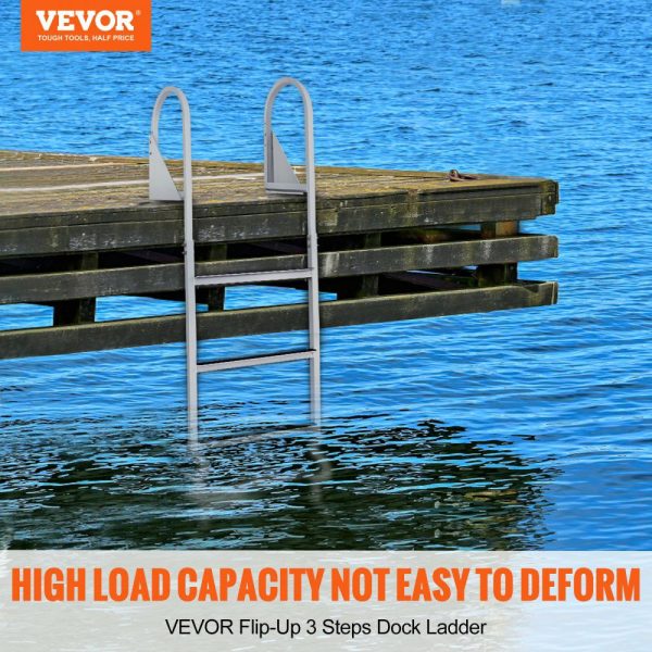 Dock Ladder, Flip-Up 3 Steps, 350 lbs Load Capacity, Aluminum Alloy Pontoon Boat Ladder with 2” Wide Step & Nonslip Rubber Mat, Easy to Install for Ship/Lake/Pool/Marine Boarding  |   Ramps & Ladders Material Handling Ramps & Ladders