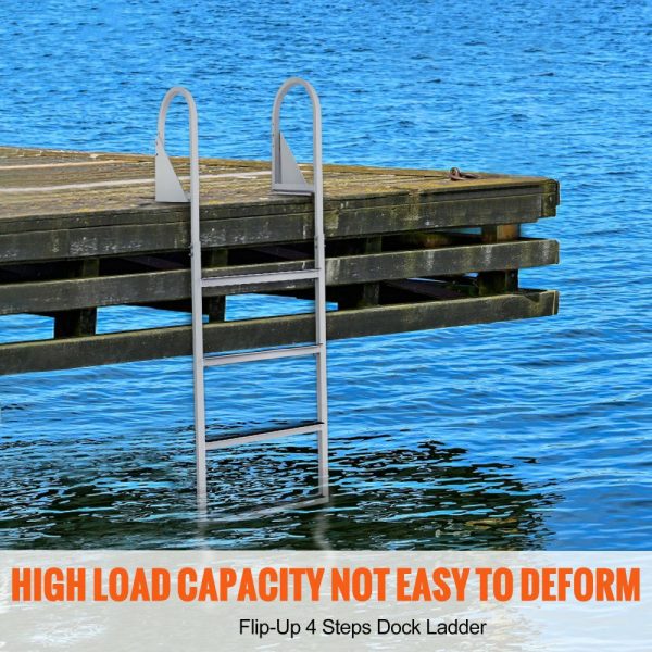 Dock Ladder, Flip-Up 4 Steps, 350 lbs Load Capacity, Aluminum Alloy Pontoon Boat Ladder with 2” Wide Step & Nonslip Rubber Mat, Easy to Install for Ship/Lake/Pool/Marine Boarding  |   Ramps & Ladders Material Handling Ramps & Ladders