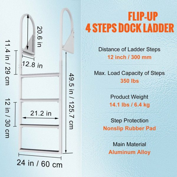 Dock Ladder, Flip-Up 4 Steps, 350 lbs Load Capacity, Aluminum Alloy Pontoon Boat Ladder with 2” Wide Step & Nonslip Rubber Mat, Easy to Install for Ship/Lake/Pool/Marine Boarding  |   Ramps & Ladders Material Handling Ramps & Ladders