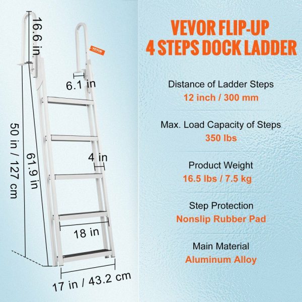 Dock Ladder Flip Up 5 Steps, 350lbs Load Capacity, Aluminum Pontoon Boat Ladder with 4″ Wide Step & Nonslip Rubber Mat,Swimm Step Ladder for Ship/Lake/Pool/Marine Boarding  |   Ramps & Ladders Material Handling Ramps & Ladders