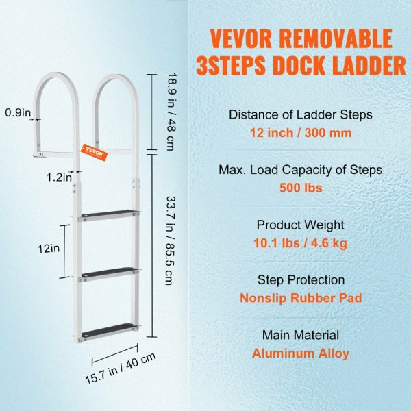 Dock Ladder, Removable 3 Steps, 500 lbs Load Capacity, Aluminum Alloy Pontoon Boat Ladder with 3.1” Wide Step & Nonslip Rubber Mat, Easy to Install for Ship/Lake/Pool/Marine Boarding  |   Ramps & Ladders Material Handling Ramps & Ladders