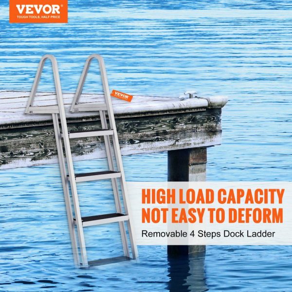 Dock Ladder, Removable 4 Steps, 350 lbs Load Capacity, Aluminum Alloy Pontoon Boat Ladder with 4” Wide Step & Nonslip Rubber Mat, Easy to Install for Ship/Lake/Pool/Marine Boarding  |   Ramps & Ladders Material Handling Ramps & Ladders