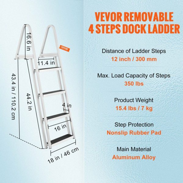 Dock Ladder, Removable 4 Steps, 350 lbs Load Capacity, Aluminum Alloy Pontoon Boat Ladder with 4” Wide Step & Nonslip Rubber Mat, Easy to Install for Ship/Lake/Pool/Marine Boarding  |   Ramps & Ladders Material Handling Ramps & Ladders