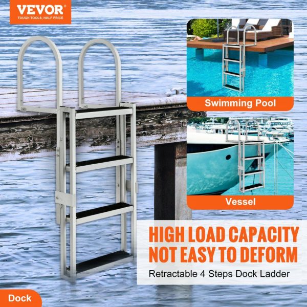 Dock Ladder, Retractable 4 Steps, 350 lbs Load Capacity, Aluminum Alloy Pontoon Boat Ladder with 55.1”-67.1” Adjustable Height, 4” Wide Step & Rubber Mat, for Ship/Lake/Pool/Marine Boarding  |   Ramps & Ladders Material Handling Ramps & Ladders