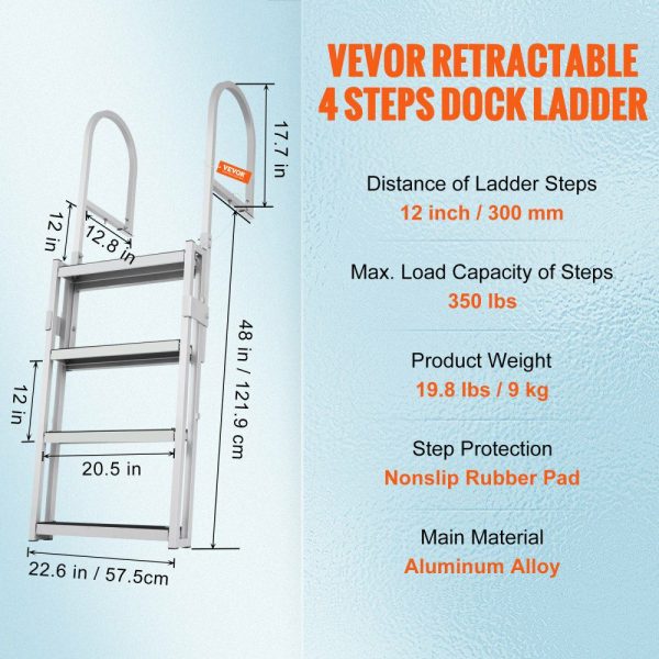 Dock Ladder, Retractable 4 Steps, 350 lbs Load Capacity, Aluminum Alloy Pontoon Boat Ladder with 55.1”-67.1” Adjustable Height, 4” Wide Step & Rubber Mat, for Ship/Lake/Pool/Marine Boarding  |   Ramps & Ladders Material Handling Ramps & Ladders