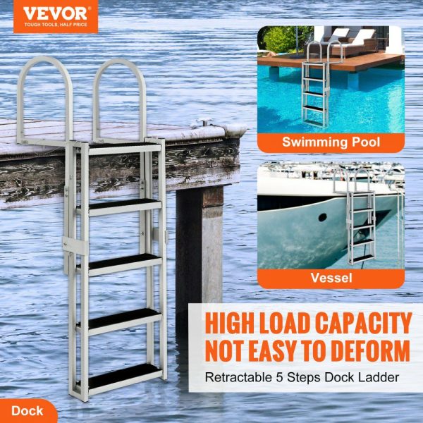 Dock Ladder, Retractable 5 Steps, 350 lbs Load Capacity, Aluminum Alloy Pontoon Boat Ladder with 66.9”-78.9” Adjustable Height, 4” Wide Step & Rubber Mat, for Ship/Lake/Pool/Marine Boarding  |   Ramps & Ladders Material Handling Ramps & Ladders