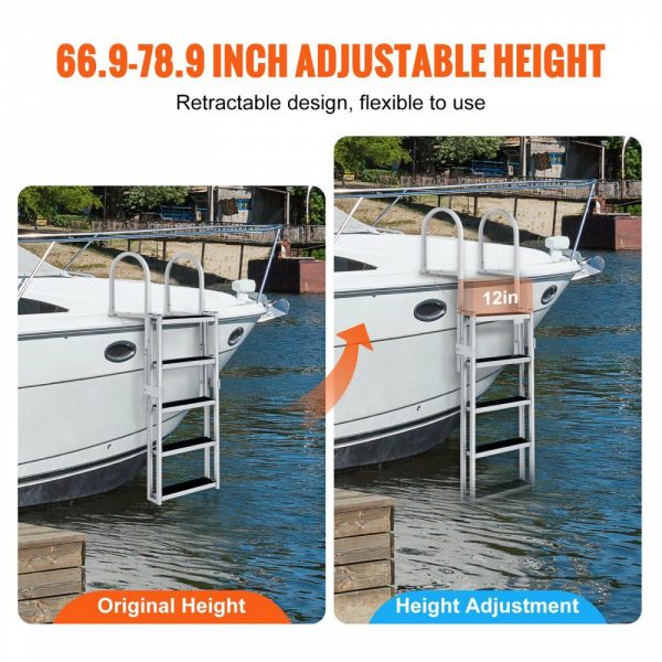 Dock Ladder, Retractable 5 Steps, 350 lbs Load Capacity, Aluminum Alloy Pontoon Boat Ladder with 66.9”-78.9” Adjustable Height, 4” Wide Step & Rubber Mat, for Ship/Lake/Pool/Marine Boarding  |   Ramps & Ladders Material Handling Ramps & Ladders