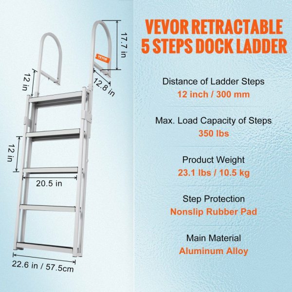 Dock Ladder, Retractable 5 Steps, 350 lbs Load Capacity, Aluminum Alloy Pontoon Boat Ladder with 66.9”-78.9” Adjustable Height, 4” Wide Step & Rubber Mat, for Ship/Lake/Pool/Marine Boarding  |   Ramps & Ladders Material Handling Ramps & Ladders