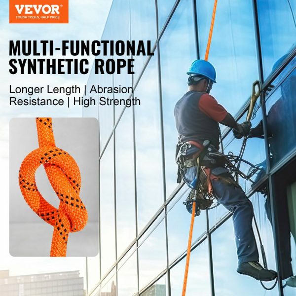 Double Braided Polyester Rope, 1/2 in x 120 ft, 48 Strands, 8000 LBS Breaking Strength Outdoor Climbing Rope, Arborist Rigging Rope for Rock Hiking Camping Swing Rappelling Rescue, Orange/Black  |   Chain & Wire & Rope Chain & Wire & Rope Chain & Wire & Rope