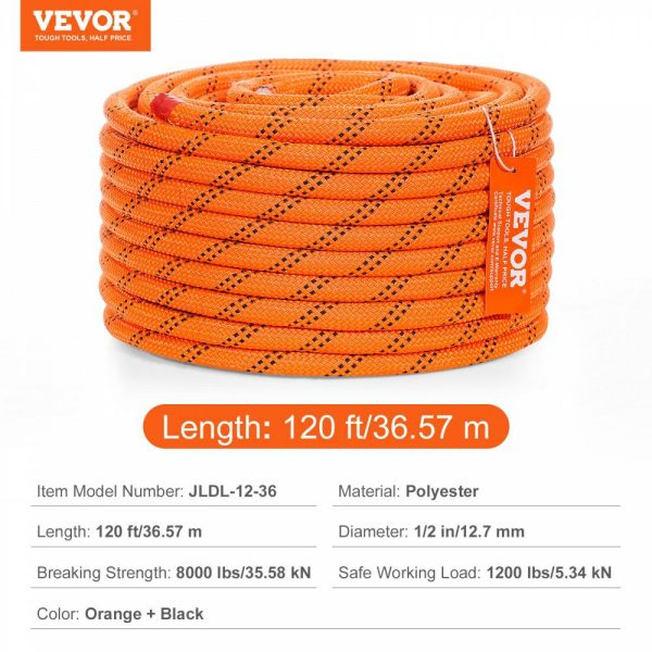 Double Braided Polyester Rope, 1/2 in x 120 ft, 48 Strands, 8000 LBS Breaking Strength Outdoor Climbing Rope, Arborist Rigging Rope for Rock Hiking Camping Swing Rappelling Rescue, Orange/Black  |   Chain & Wire & Rope Chain & Wire & Rope Chain & Wire & Rope