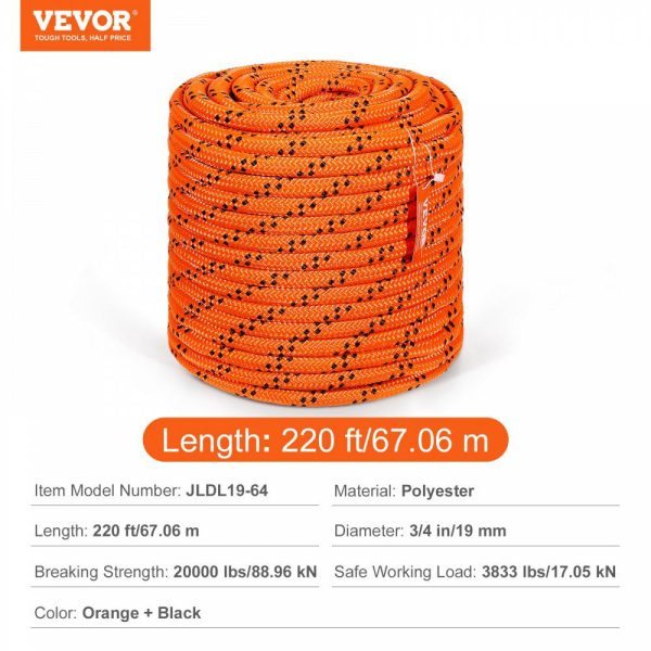 Double Braided Polyester Rope, 3/4 in x 220 ft, 24 Strands, 20000 LBS Breaking Strength Outdoor Rope, Arborist Rigging Rope for Rock Hiking Camping Swing Rappelling Rescue, Orange/Black  |   Chain & Wire & Rope Chain & Wire & Rope Chain & Wire & Rope