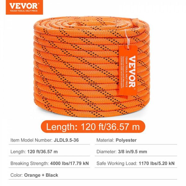 Double Braided Polyester Rope, 3/8 in x 120 ft, 48 Strands, 4000 LBS Breaking Strength Outdoor Climbing Rope, Arborist Rigging Rope for Rock Hiking Camping Swing Rappelling Rescue, Orange/Black  |   Chain & Wire & Rope Chain & Wire & Rope Chain & Wire & Rope