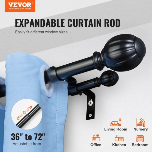 Double Rod Curtain Rods, 36-72 inches(3-6ft) Adjustable Length, Black Double Curtain Rods with Round Finials, 1″ and 3/4″ Diameter, Double Window Drapery Rod for Sheer and Blackout Curtains  |   Doors & Accessories Doors & Accessories Doors & Accessories