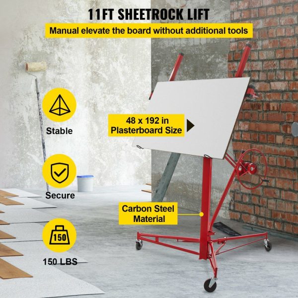 Drywall Rolling Lifter Panel, 11ft Sheetrock Lift Drywall Lift, 150lb Weight Capacity Panel Hoist Jack Tool, Steel Material w/Telescopic Arm & 3 Lockable Wheels, 48×192 in Plasterboard Size  |   Hoists & Winches & Rigging Hoists & Winches & Rigging Hoists & Winches & Rigging