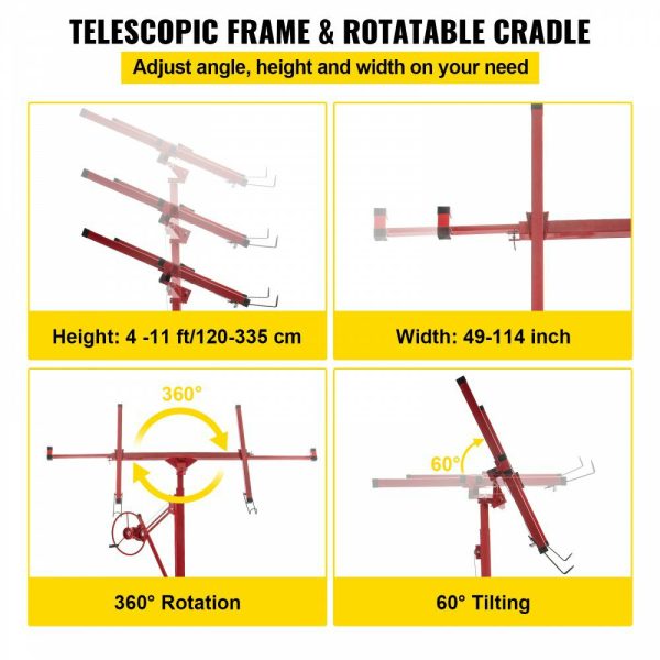 Drywall Rolling Lifter Panel, 11ft Sheetrock Lift Drywall Lift, 150lb Weight Capacity Panel Hoist Jack Tool, Steel Material w/Telescopic Arm & 3 Lockable Wheels, 48×192 in Plasterboard Size  |   Hoists & Winches & Rigging Hoists & Winches & Rigging Hoists & Winches & Rigging