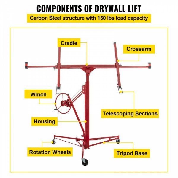 Drywall Rolling Lifter Panel, 11ft Sheetrock Lift Drywall Lift, 150lb Weight Capacity Panel Hoist Jack Tool, Steel Material w/Telescopic Arm & 3 Lockable Wheels, 48×192 in Plasterboard Size  |   Hoists & Winches & Rigging Hoists & Winches & Rigging Hoists & Winches & Rigging