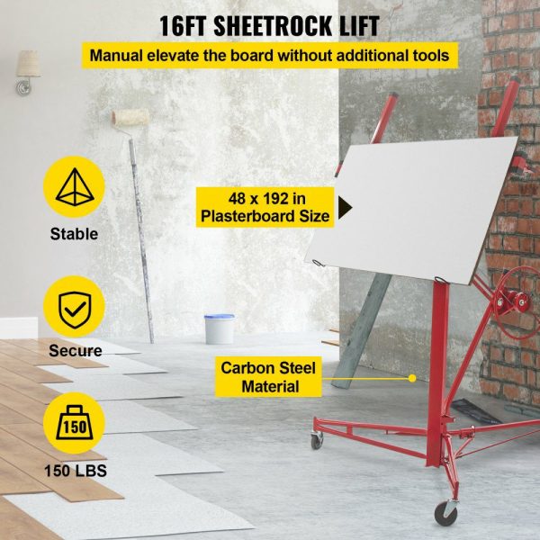 Drywall Rolling Lifter Panel, 16ft Sheetrock Lift Drywall Lift, 150lb Weight Capacity Panel Hoist Jack Tool, Steel Material w/Telescopic Arm & 3 Lockable Wheels, 48×192 in Plasterboard Size  |   Hoists & Winches & Rigging Hoists & Winches & Rigging Hoists & Winches & Rigging