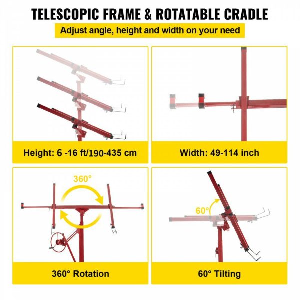 Drywall Rolling Lifter Panel, 16ft Sheetrock Lift Drywall Lift, 150lb Weight Capacity Panel Hoist Jack Tool, Steel Material w/Telescopic Arm & 3 Lockable Wheels, 48×192 in Plasterboard Size  |   Hoists & Winches & Rigging Hoists & Winches & Rigging Hoists & Winches & Rigging