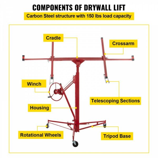 Drywall Rolling Lifter Panel, 16ft Sheetrock Lift Drywall Lift, 150lb Weight Capacity Panel Hoist Jack Tool, Steel Material w/Telescopic Arm & 3 Lockable Wheels, 48×192 in Plasterboard Size  |   Hoists & Winches & Rigging Hoists & Winches & Rigging Hoists & Winches & Rigging