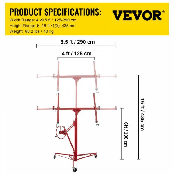 Drywall Rolling Lifter Panel, 16ft Sheetrock Lift Drywall Lift, 150lb Weight Capacity Panel Hoist Jack Tool, Steel Material w/Telescopic Arm & 3 Lockable Wheels, 48×192 in Plasterboard Size  |   Hoists & Winches & Rigging Hoists & Winches & Rigging Hoists & Winches & Rigging