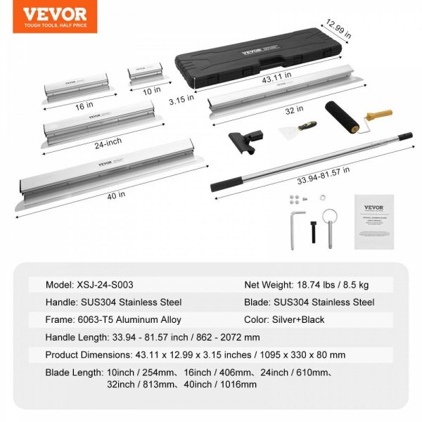 Drywall Skimming Blade Set, 10/16/24/32/40 in Skimming Blades + 34-81.6 in Extension Handle Pole, Stainless Steel Knife Professional Skim Coat Tools, for Gyprock/WallBoard/Plasterboard  |   Masonry & Concrete & Tile Tools Building & Construction Masonry & Concrete & Tile Tools