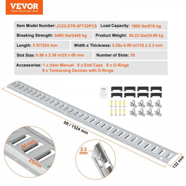 E Track Tie-Down Rail Kit, 34PCS 5FT E-Tracks Set Includes 8 Steel Rails & 2 Single Slot & 8 O Rings & 8 Tie-Offs w/D-Ring & 8 End Caps, Securing Accessories for Cargo, Motorcycles, and Bikes  |   Cargo Control Cargo Control Cargo Control