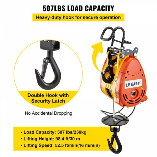 Electric Chain Hoist 230kg Capacity Electric Winch 507lbs with 98ft/30m Length Steel Wire Rope Remote Control Crane Overhead Electric Trolley with Pulley System 110 Volts 1 Phase  |   Hoists & Winches & Rigging Hoists & Winches & Rigging Hoists & Winches & Rigging