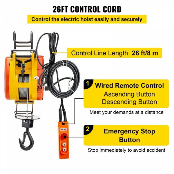 Electric Chain Hoist 230kg Capacity Electric Winch 507lbs with 98ft/30m Length Steel Wire Rope Remote Control Crane Overhead Electric Trolley with Pulley System 110 Volts 1 Phase  |   Hoists & Winches & Rigging Hoists & Winches & Rigging Hoists & Winches & Rigging