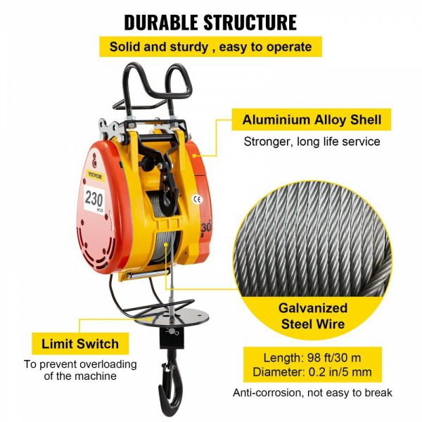 Electric Chain Hoist 230kg Capacity Electric Winch 507lbs with 98ft/30m Length Steel Wire Rope Remote Control Crane Overhead Electric Trolley with Pulley System 110 Volts 1 Phase  |   Hoists & Winches & Rigging Hoists & Winches & Rigging Hoists & Winches & Rigging