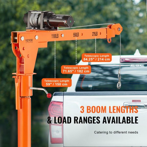 Electric Pickup Truck Crane, 1100 lbs Capacity, 360° Swivel, Truck Jib Crane Hoist with Three Boom Capacities of 275 lbs, 550 lbs & 1100 lbs, for Lifting Goods in Construction, Forestry, Factory  |   Hoists & Winches & Rigging Hoists & Winches & Rigging Hoists & Winches & Rigging