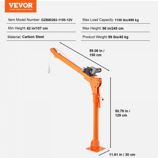 Electric Pickup Truck Crane, 1100 lbs Capacity, 360° Swivel, Truck Jib Crane Hoist with Three Boom Capacities of 275 lbs, 550 lbs & 1100 lbs, for Lifting Goods in Construction, Forestry, Factory  |   Hoists & Winches & Rigging Hoists & Winches & Rigging Hoists & Winches & Rigging