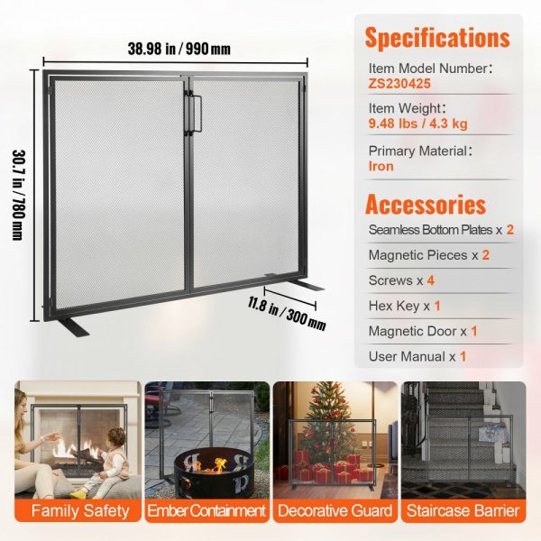 Fireplace Screen 1 Panel with Door, Sturdy Iron Mesh Fireplace Screen, 38.98″(L) x30.7″(H) Spark Guard Cover, Simple Installation, Free Standing Fire Fence Grate for Living Room Home Decor Moder Black |   Building Supplies Building & Construction Black